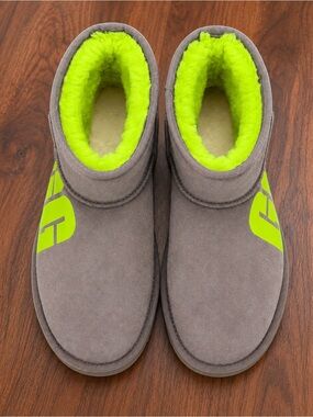 UGG Mini Women Gray Slip-On Boots with Neon Lime Lining (Authentic UGG Boots)